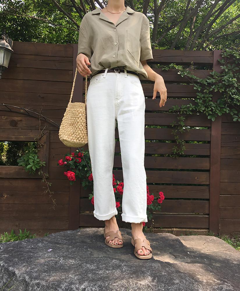 153 키작녀 하이웨스트 썸머 와이드 면 린넨 데님 흰색 팬츠