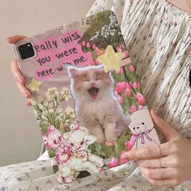 [해외] yawn cat 하품 고양이 플라워 아이패드케이스 전기종 태블릿케이스