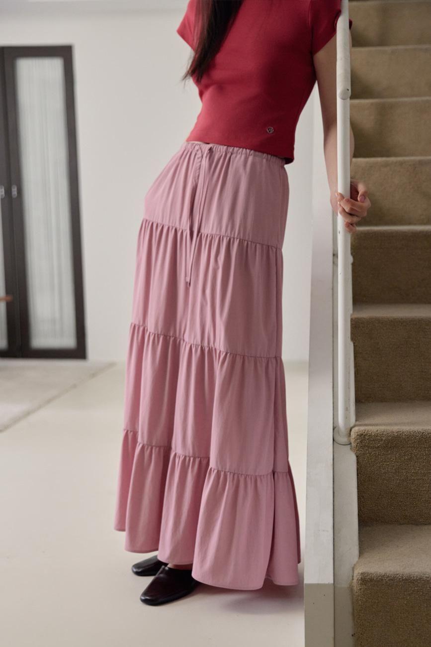 [38COMEONCOMMON] Shirring Tiered Banding Skirts (Dusty Pink)