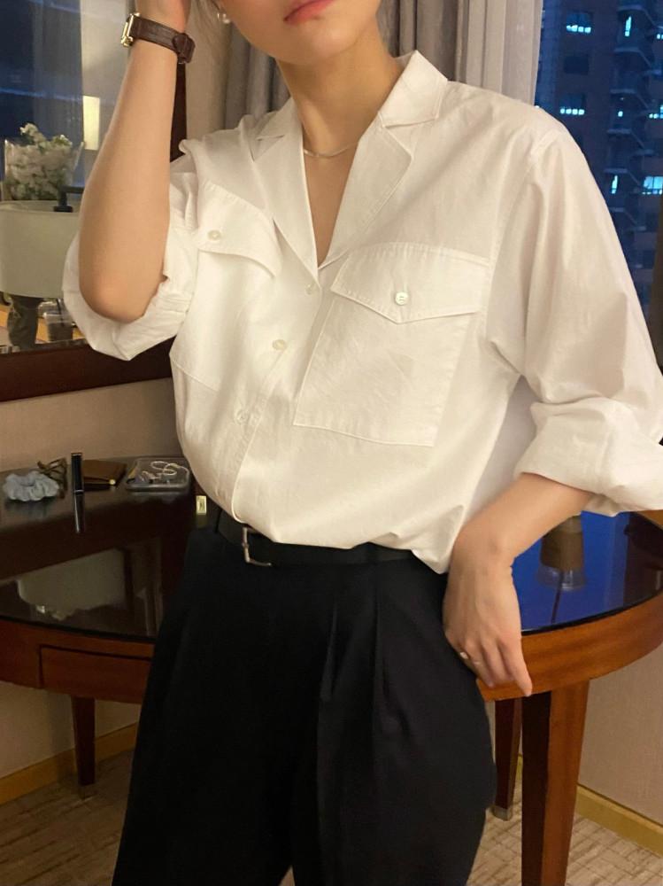 L 브이넥 카라 코튼 포켓 셔츠 (3colors)