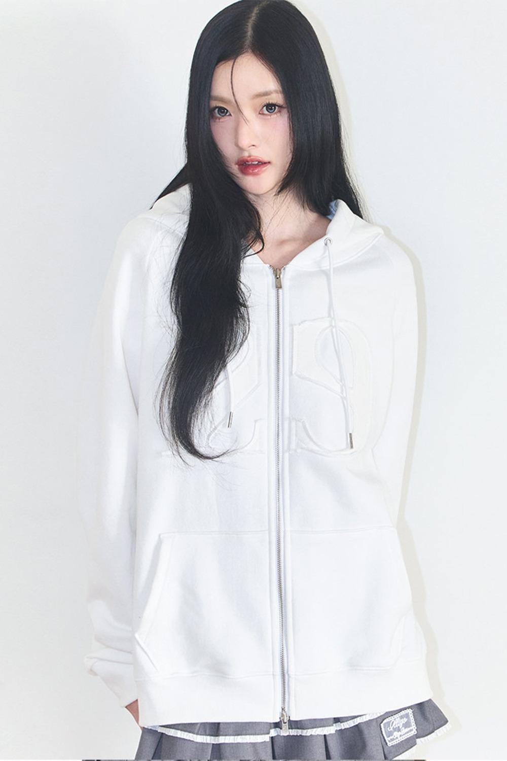 129 로고 패치 후드 집업 화이트