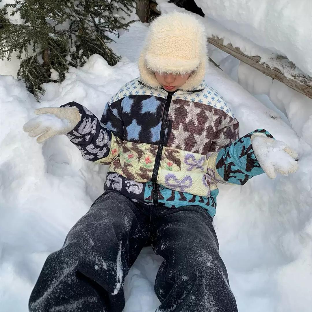 MeihaoStore 패치워크 프린팅 스탠드카라 집업 코튼 패딩 점퍼