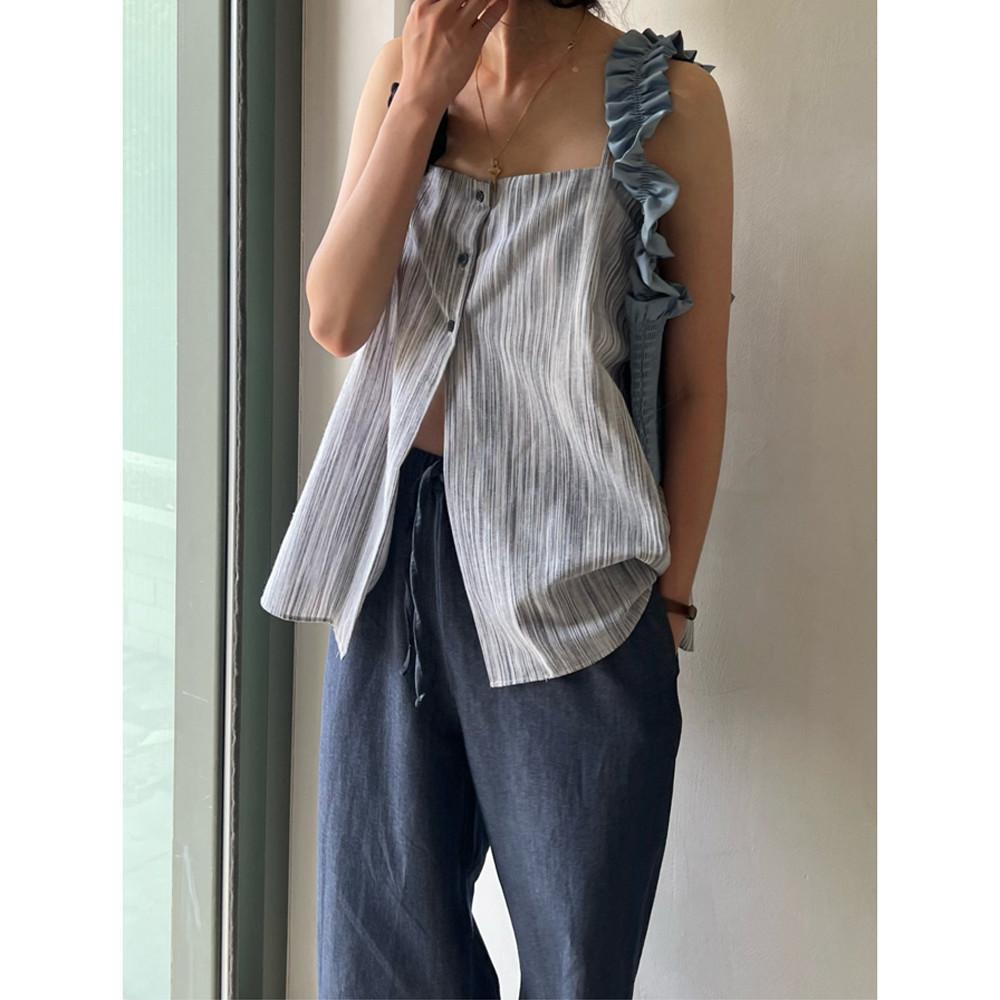 여성 심플 여름 스퀘어넥 트임 린넨 민소매 나시 블라우스