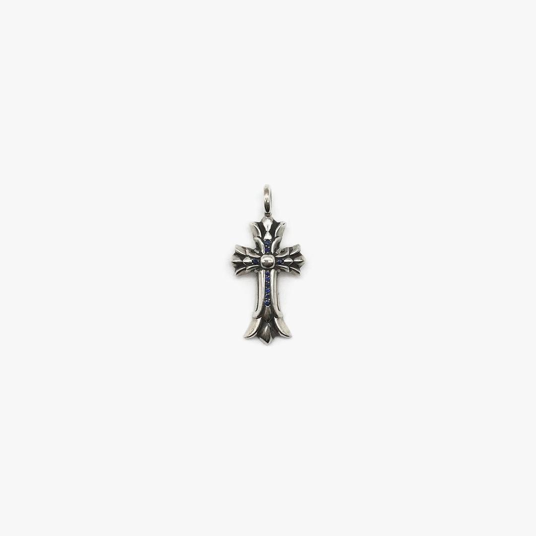 Chrome Hearts Silver & Blue Sapphire Double Cross Necklace Charm - ONESIZE