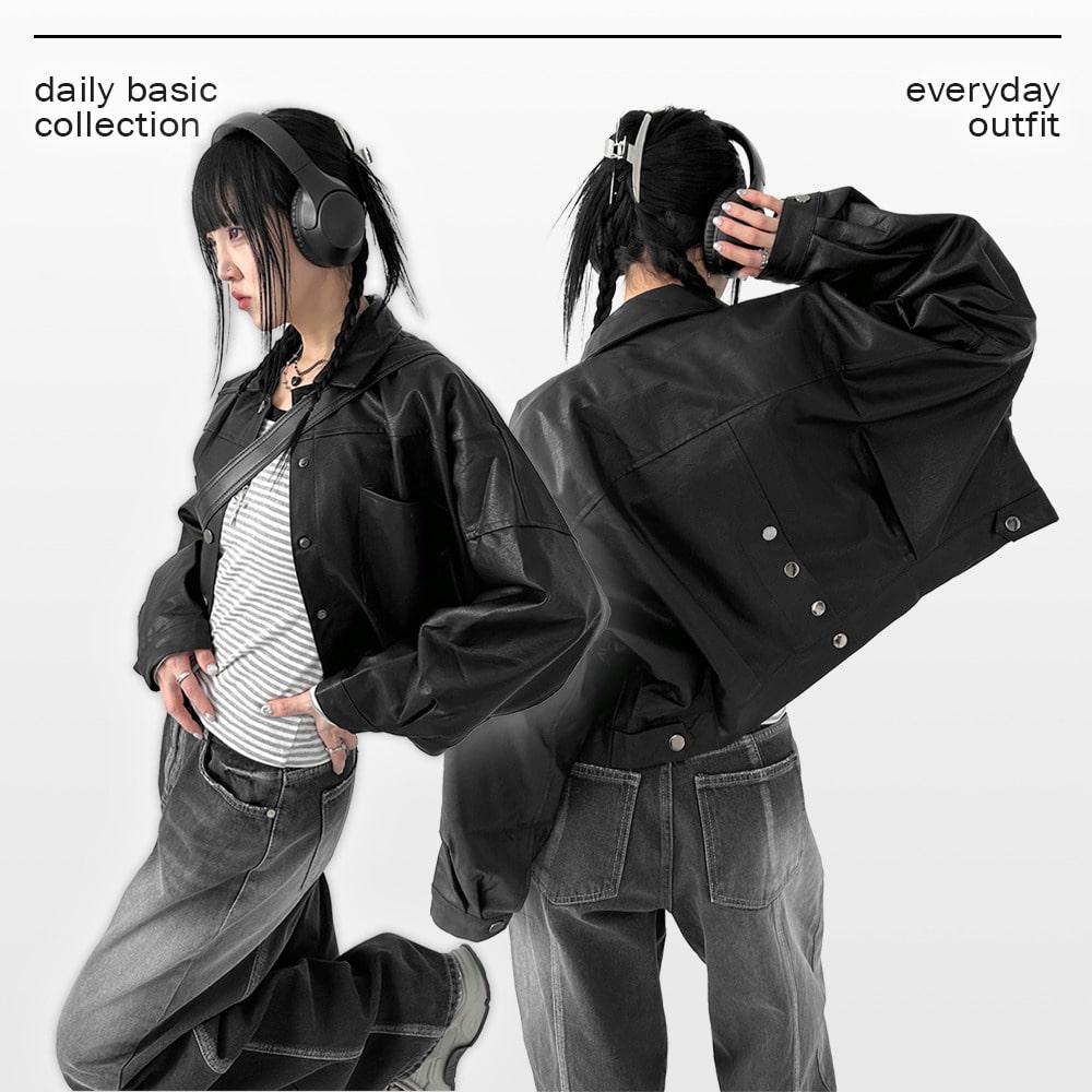 뒷트임 단추 절개 캐주얼 베이직 루즈핏 라이더 레더자켓