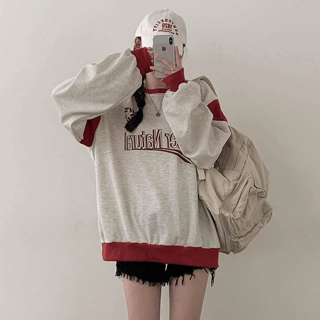 [아방아방/블록코어/빅사이즈티] y2k 네츄럴 배색 라운드 오버핏 맨투맨 (3color)