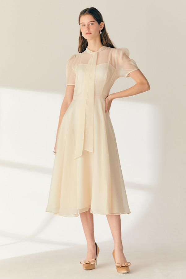 [박민영 착용]LILLE See-through Puff shoulder ribbon tie dress (Oatmeal)