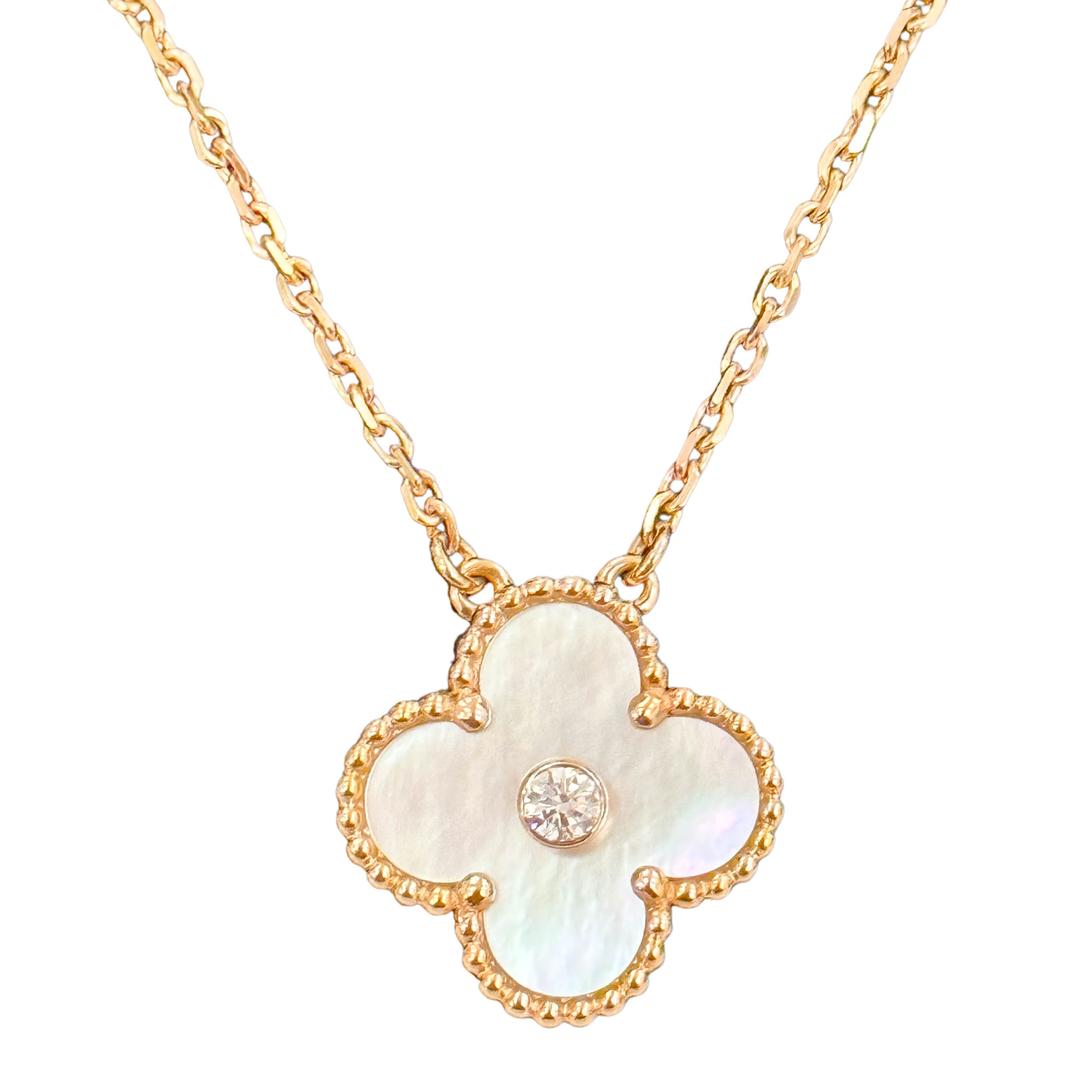 2012 White Mother-of-Pearl Vintage Alhambra Diamond Holiday Pendant Necklace