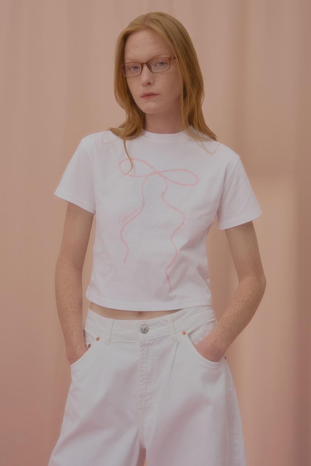 웨이브 펄 리본 크롭 반팔 티셔츠 화이트