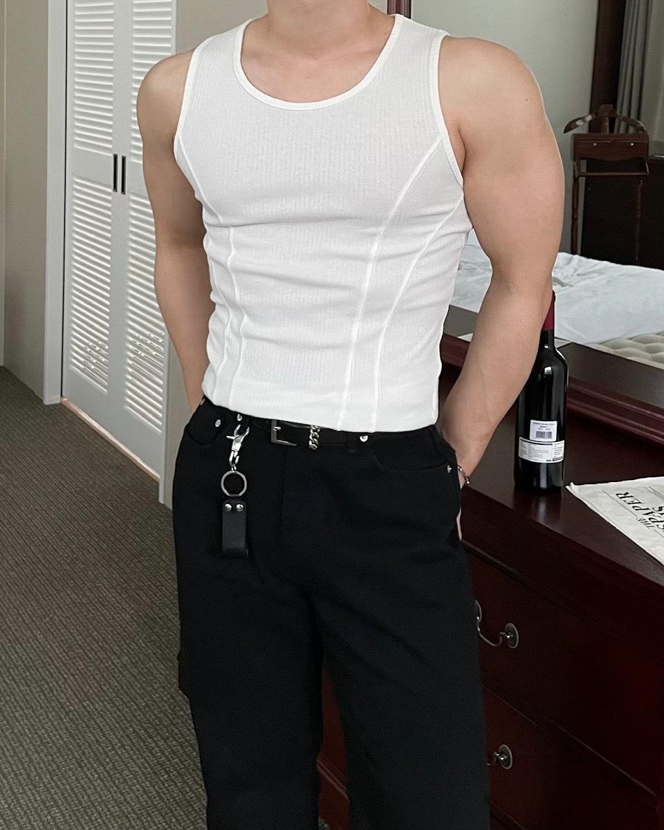 [당일출고] Dill 머슬핏 골지 더블 절개 나시 티셔츠