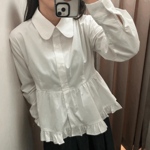 라운드카라 기모 허리 프릴 긴팔 블라우스