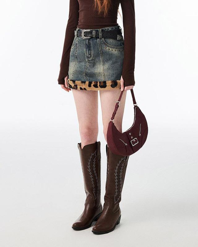 1JINNSTUDIO 레오파드 퍼 데님 미니스커트 (블루)