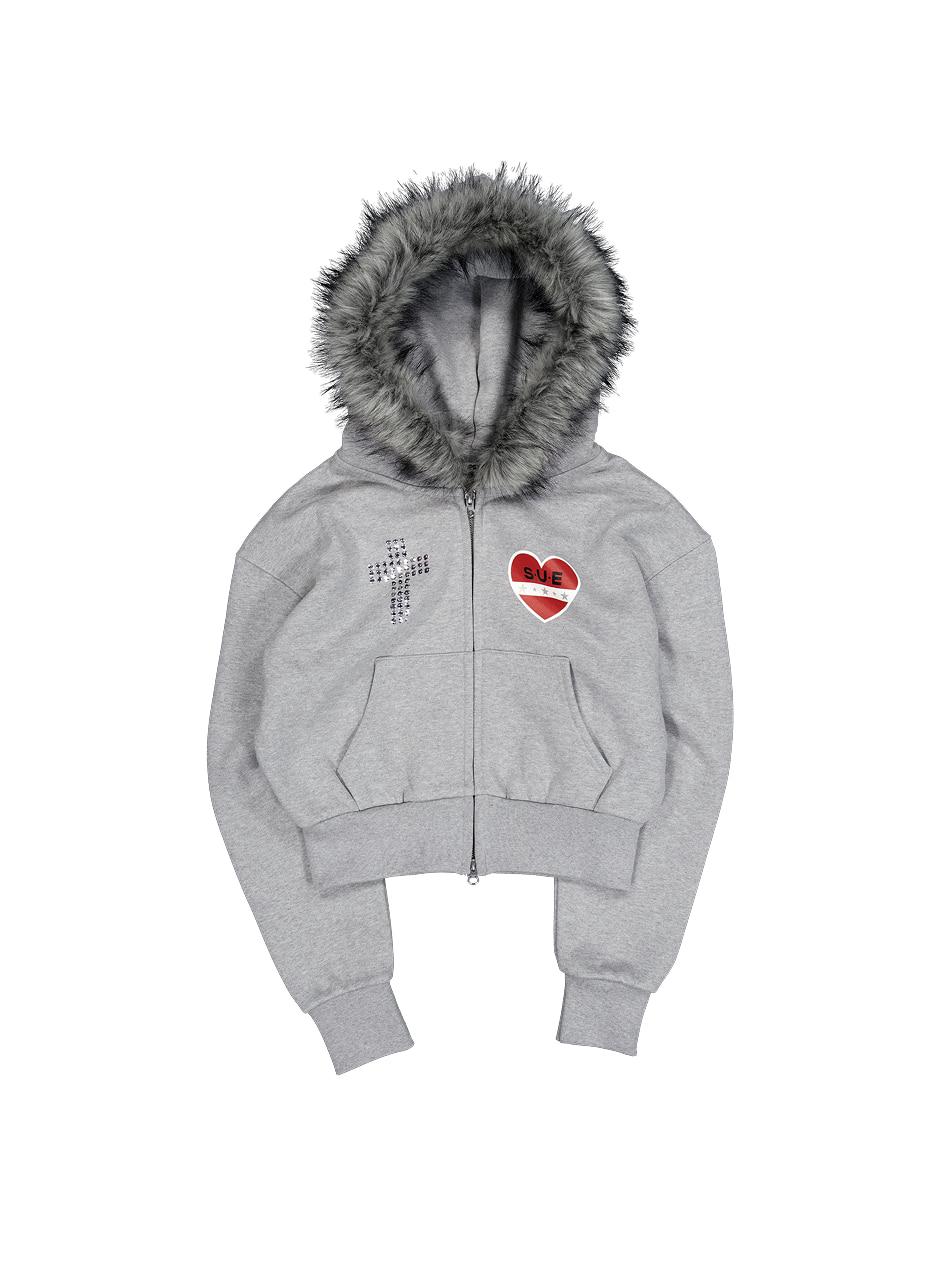 FUR TRIMMING HOODED ZIP-UP / MELANGE GRAY