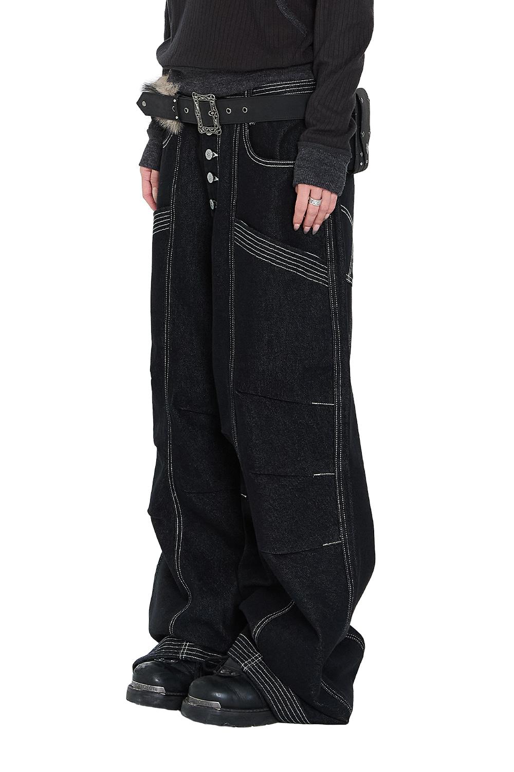 Knee Pin-Tuck Stitched Denim Pants (Black)