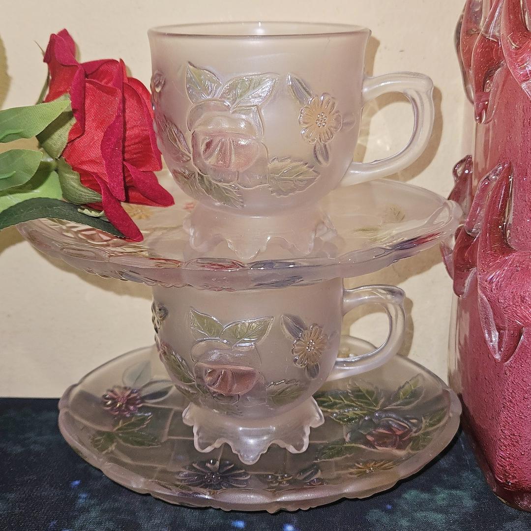 80s 불투명 컬러 플라워 오발 찻잔세트