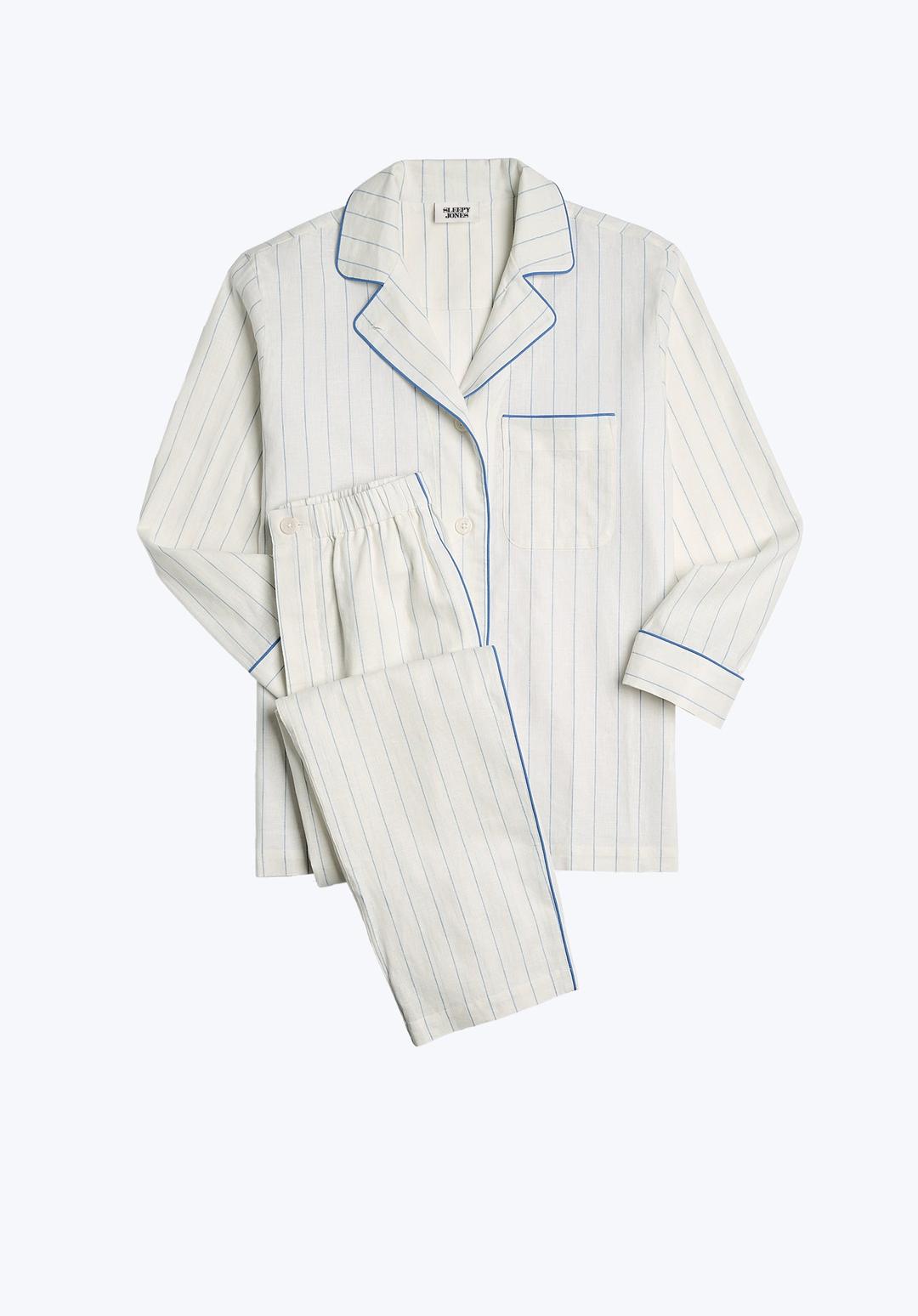 Margaret Pajama Set in Linen-Cotton Baker Stripe - Linen-Cotton Baker Stripe / XS