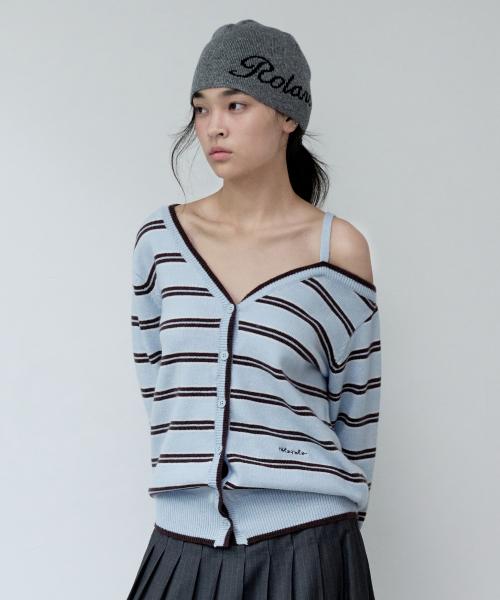 ONE OFF SHOULDER STRIPE WOOL BLENDED CARDIGAN BLUE