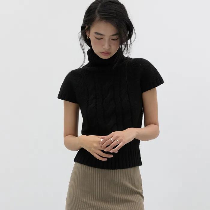 TURTLENECK CABLE WOOL KNIT BLACK