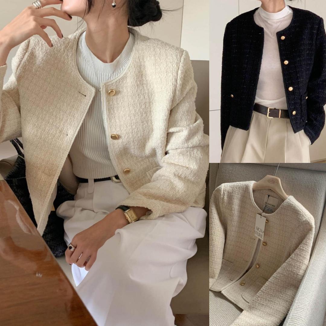 아이엠미 시그니처 마그네틱 트위드 자켓 하객룩 흰색 검정 울 트위드자켓 재킷