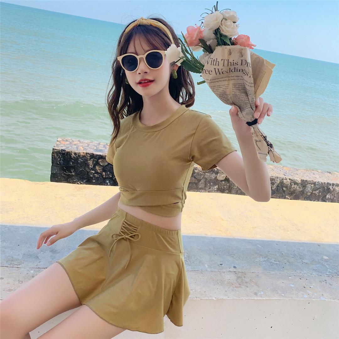 SET 투피스 비키니 레쉬가드 치마바지 심플 베이직 무채색 무지 레이스업 A라인 스커트 캡 내장 속바지 해변룩 바닷가 온수풀 온천 워터파크 수영복