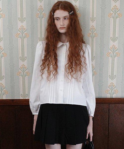 Lace pin tuck puff blouse. White