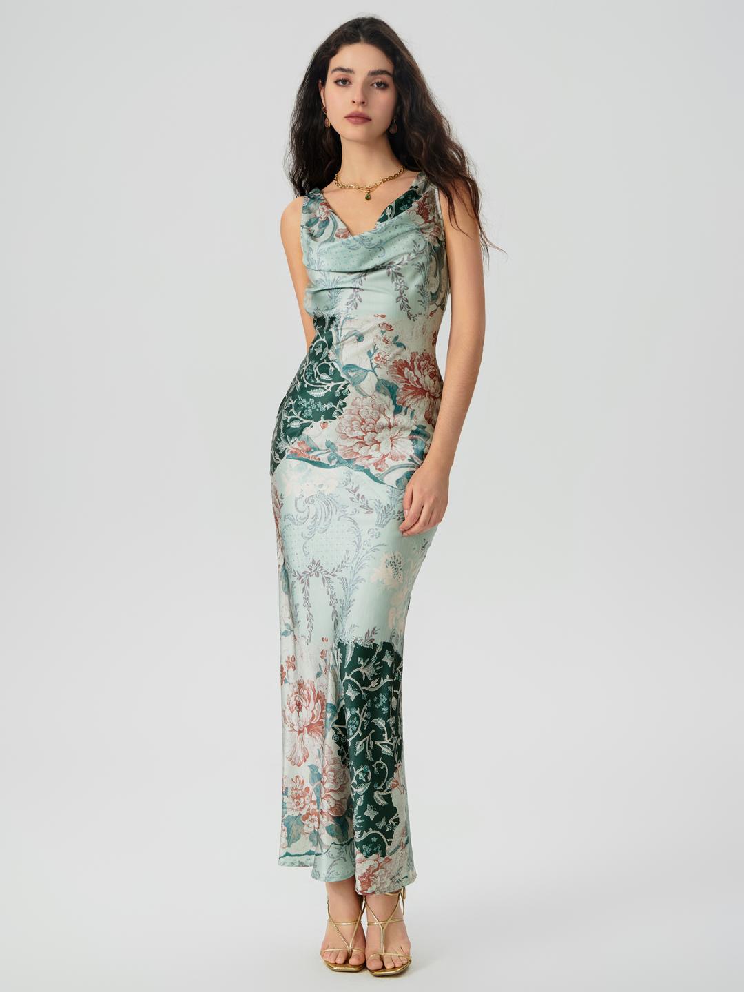 Satin Cowl Neck Floral Maxi Mermaid Dress