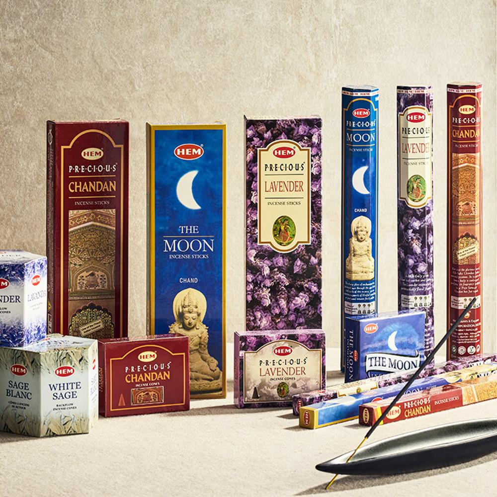 3+1 HEM 인센스 스틱 콘 인도 팔로산토 프리미엄 마살라 라벤더 화이트머스크 향 받침대