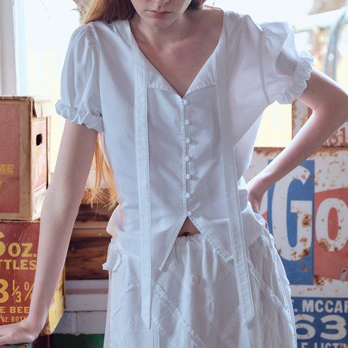 TIE PUFF SLEEVE BLOUSE, WHITE