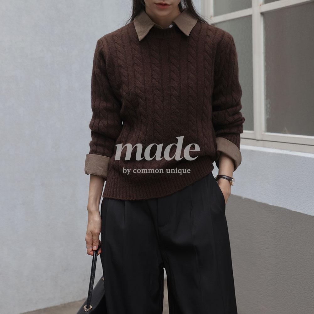 커먼유니크 [MADE] 베일라 라운드 케이블 니트 (긴팔/롱슬리브/가을/간절기/기본템/캐주얼/개강룩/데일리룩)