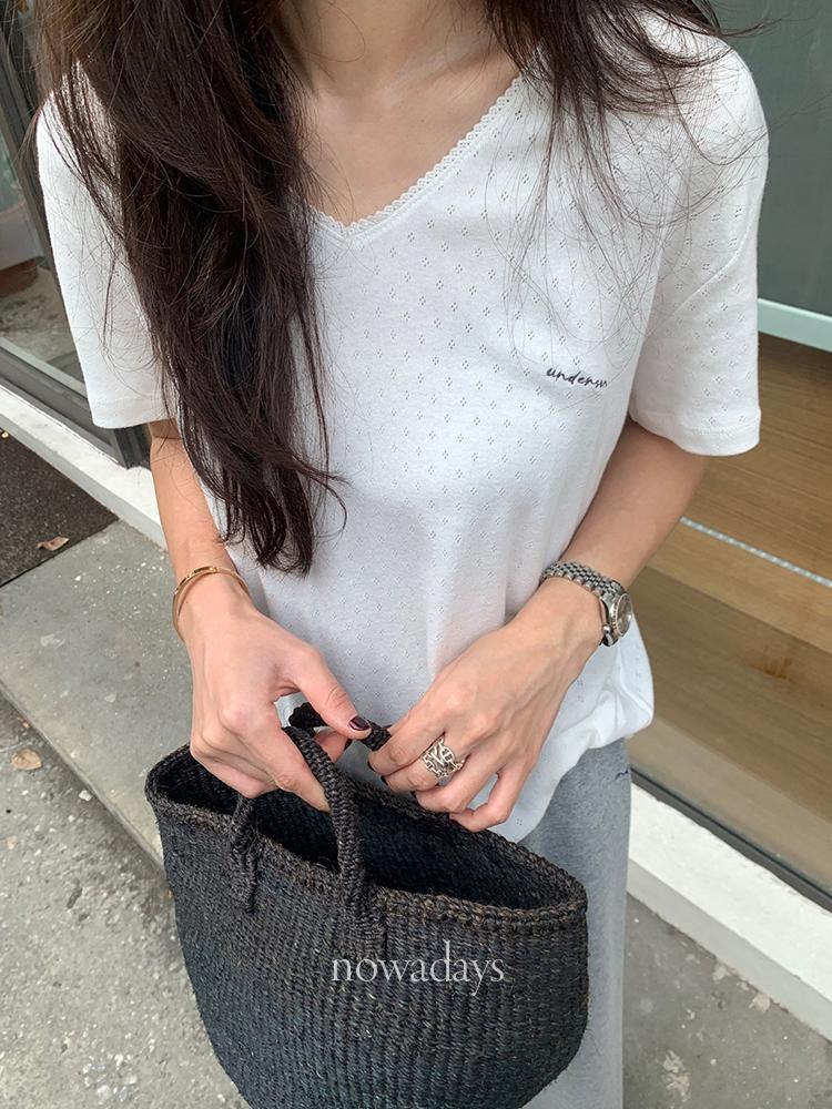 나우어데이즈 underson 언더슨 다아 브이넥 티셔츠 코튼 반팔 레이스 로고 아일렛 t (3col)