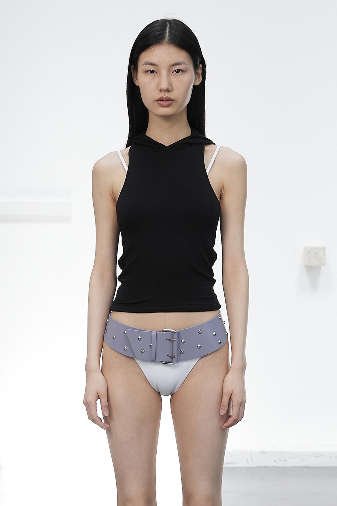 SLIM HOODIE BACK OPEN SLEEVELESS / BLACK