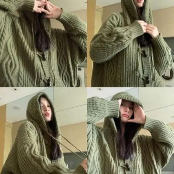 여성 꽈배기 케이블 다이아 하찌 떡뽁이 단추 오버핏 후드 도톰 니트가디건 아이보리 그린