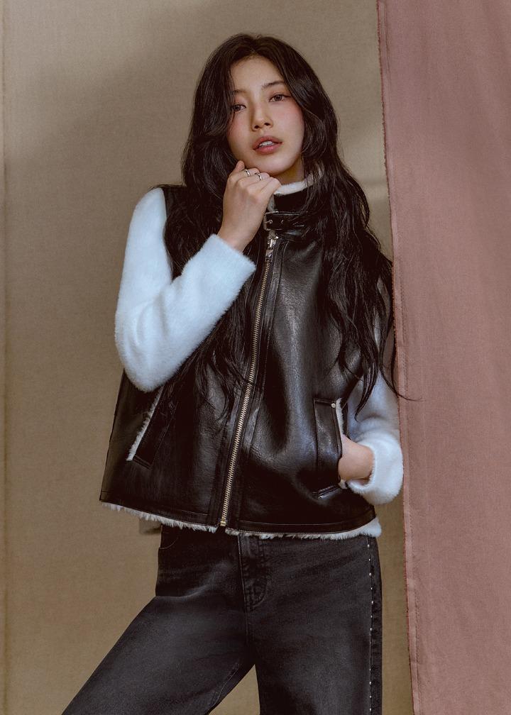 여성 인조 무스탕 베스트_BLACK | 게스코리아