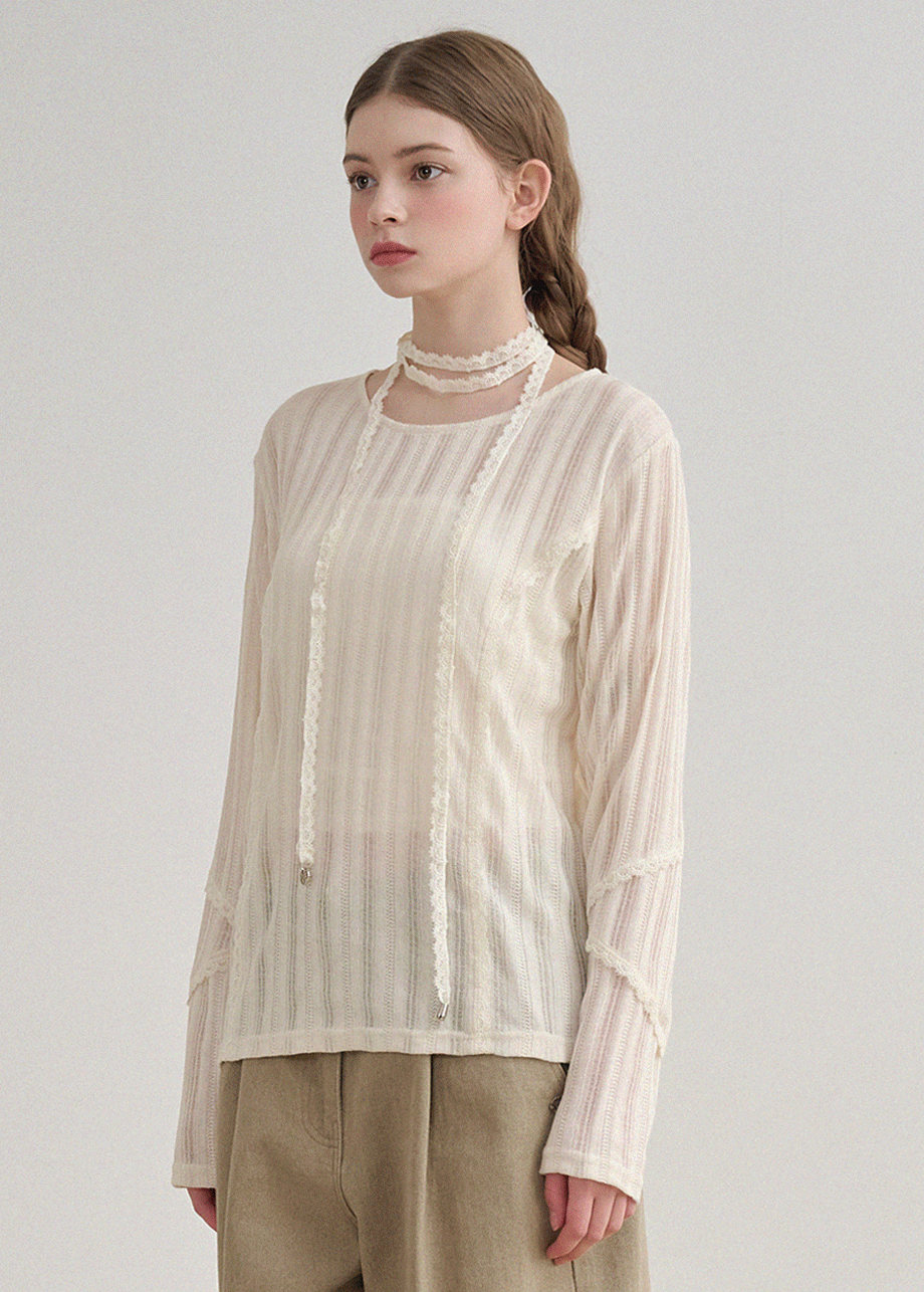 미케네 [44-120]  Ballet Blanc Lace Tee   발레블랑 레이스 티 (봄/여름/일상/데일리룩/출근룩/캠퍼스룩/빈티지/캐주얼/보트넥/레이스/넥스트랩/빅사이즈/자체제작)