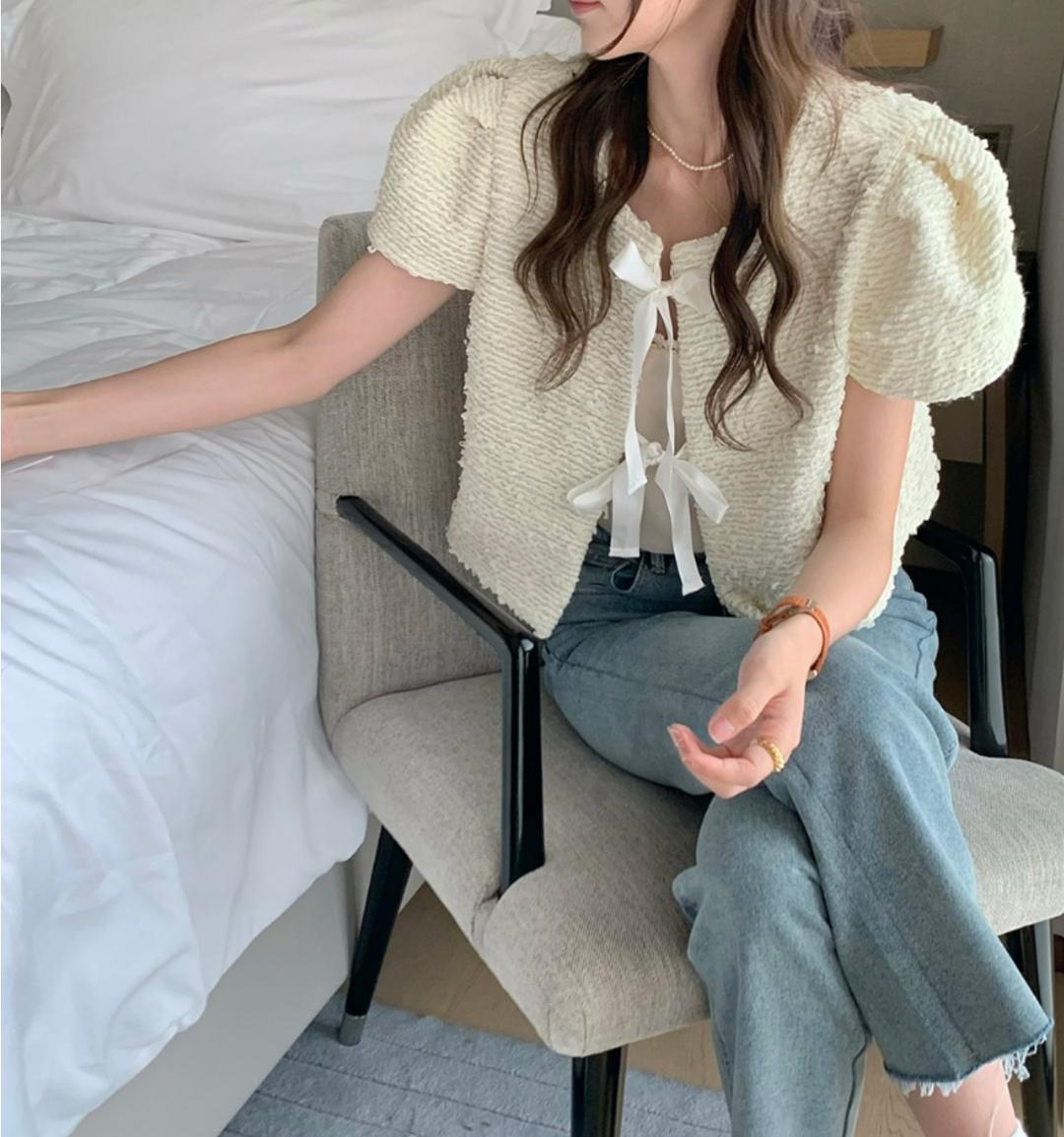 러블리 트위드 스트랩 반팔 자켓