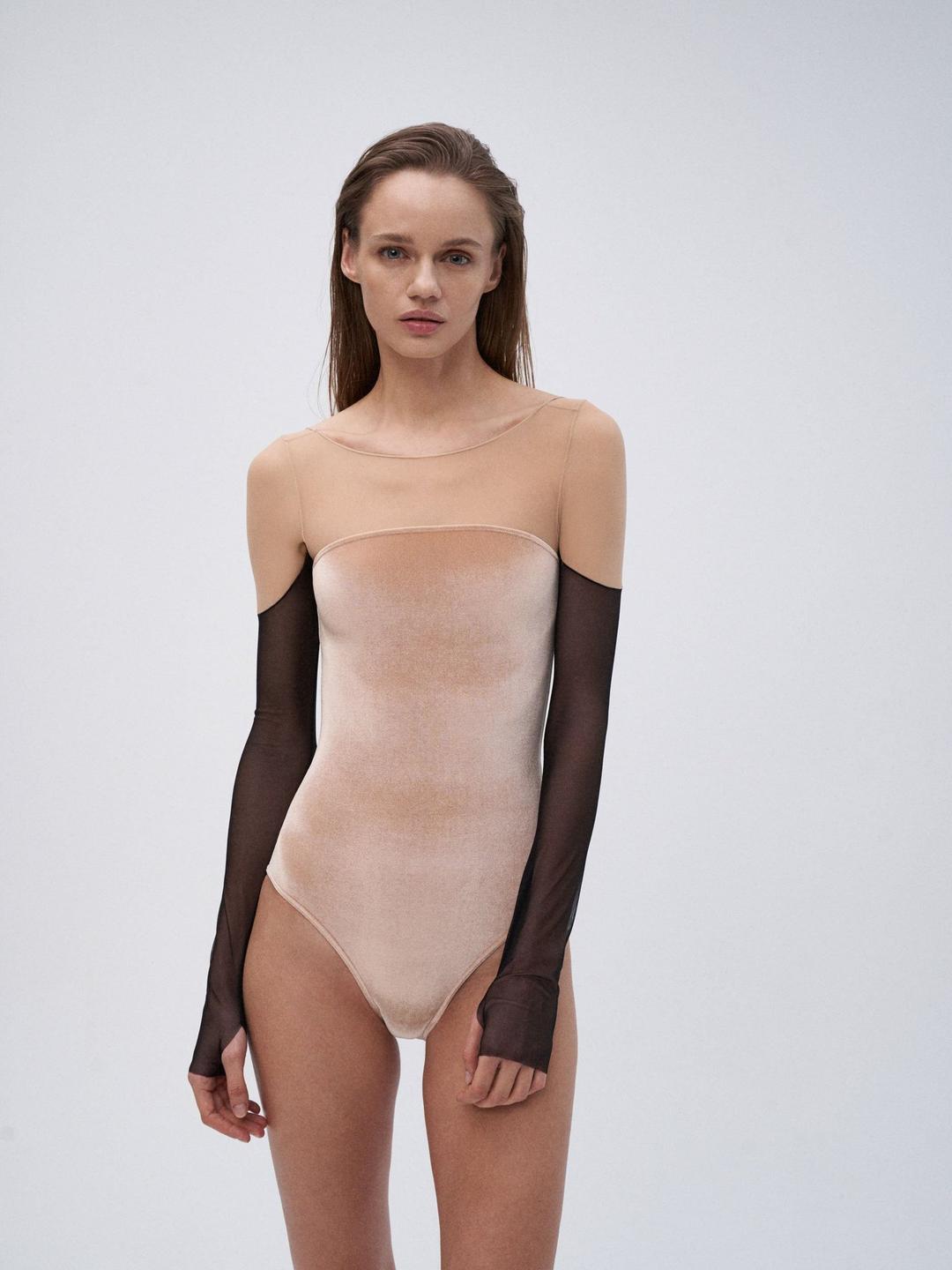 Noctivaga Leotard Soriano – Charcoal Velvet Ballet Leotard with Integrated Mesh Opera Gloves — MALDIRE