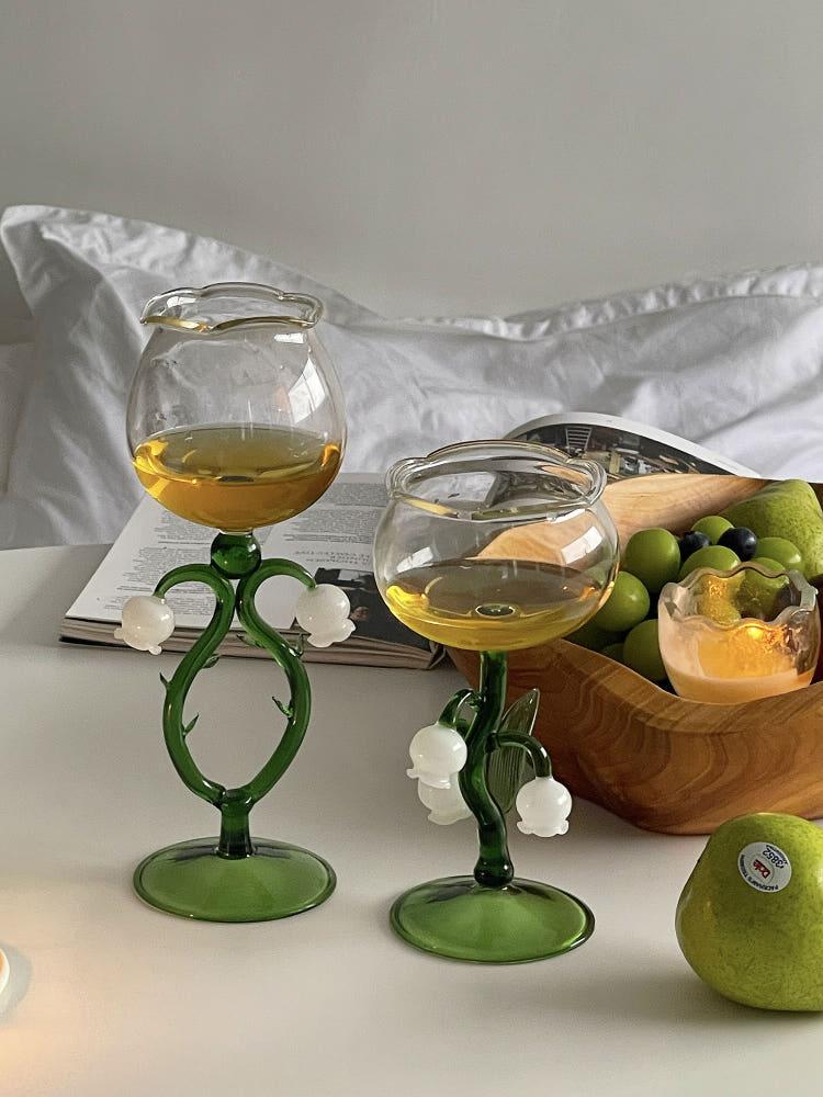헤이유드 화이트 꽃망울 그린 고블렛 와인 글라스1p