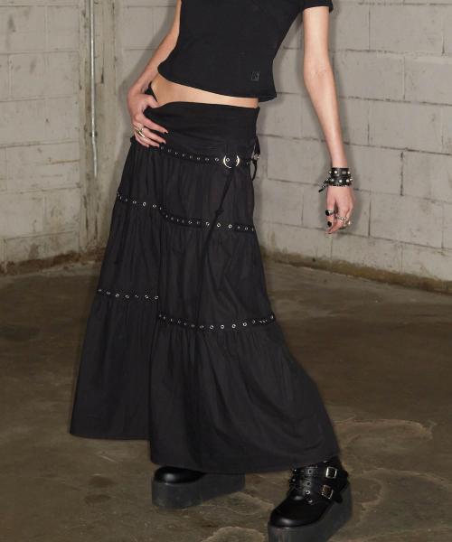낫노잉(NOTKNOWING)  Tiered Eyelet Maxi Skirt (BLACK) - 사이즈 & 후기 | 무신사