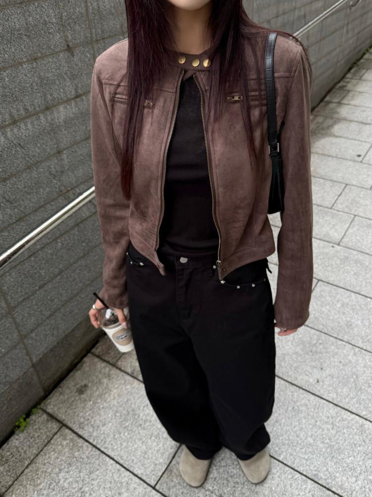 메이브 크롭 스웨이드 바이커 자켓