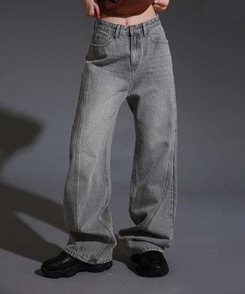 우먼즈 빈티지 절개 세미와이드 데님_라이트그레이