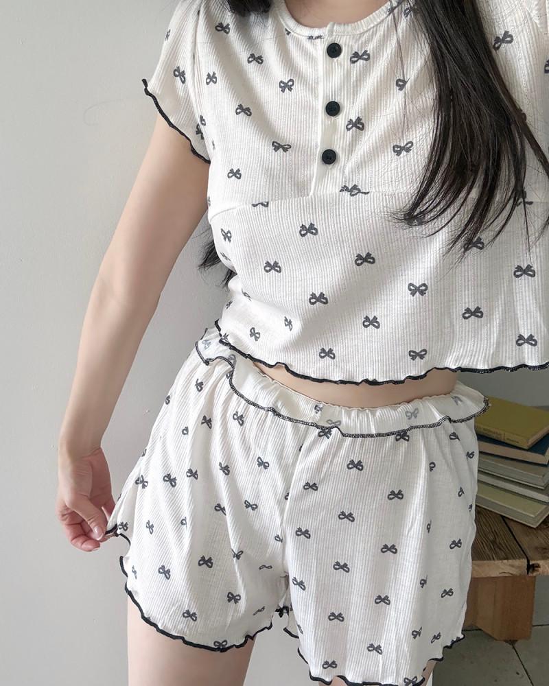 여성 여름 잠옷 물결리본 프릴 반팔 반바지 파자마 세트