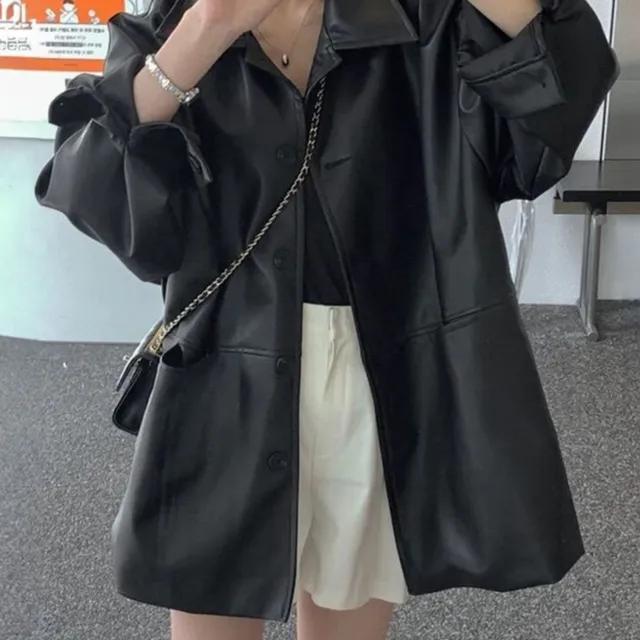 미니멀 블랙 오버핏 비건 레더 자켓