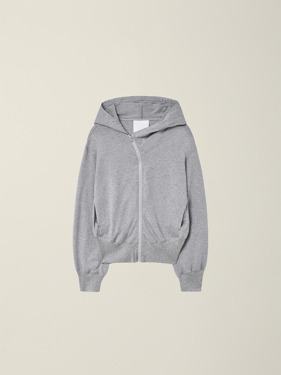 MENS CURVED HOODED COTTON ZIP JACKET (LIGHT FABRIC)  MELANGE GREY