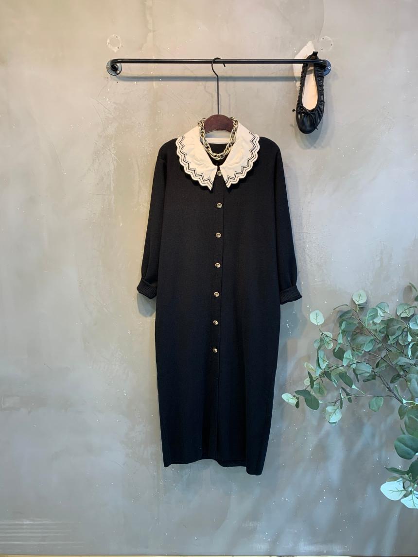 (신상,무료배송)엘란 레이스 라인 카라 니트 롱 원피스 2color