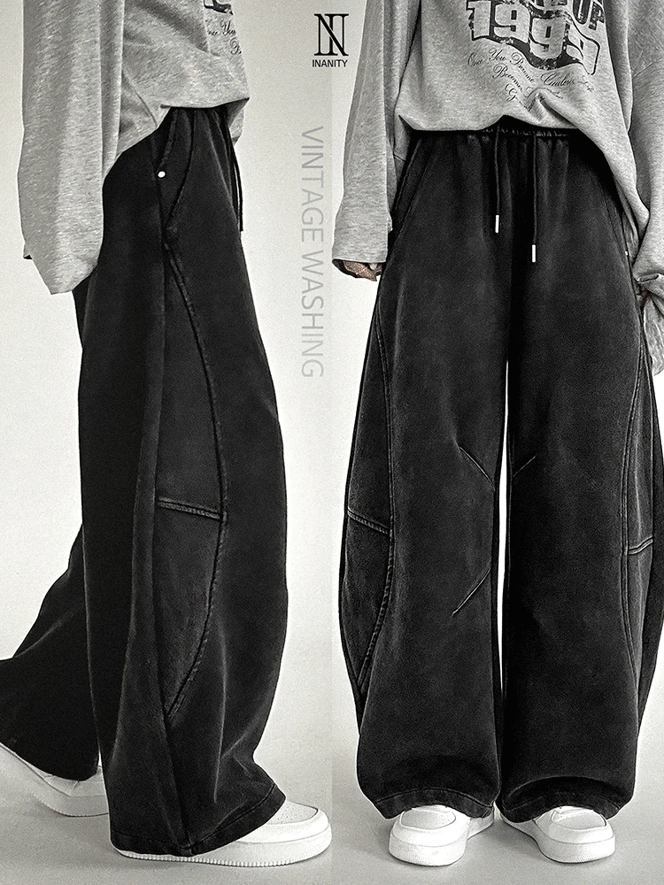 당일출고🚀[기모추가🖤MADE] 빈티지 블랙 피그먼트 워싱 라운딩 절개라인 벌룬 루즈핏 츄리닝 팬츠