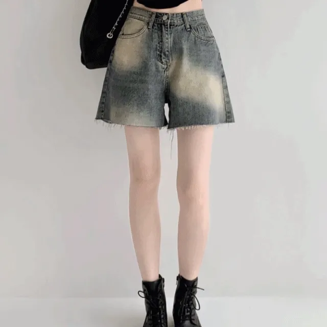 [모델강추💗/~XL] 빈티지 나염 워싱 밑단 데미지 오버핏 와이드 데님 숏 여름 팬츠