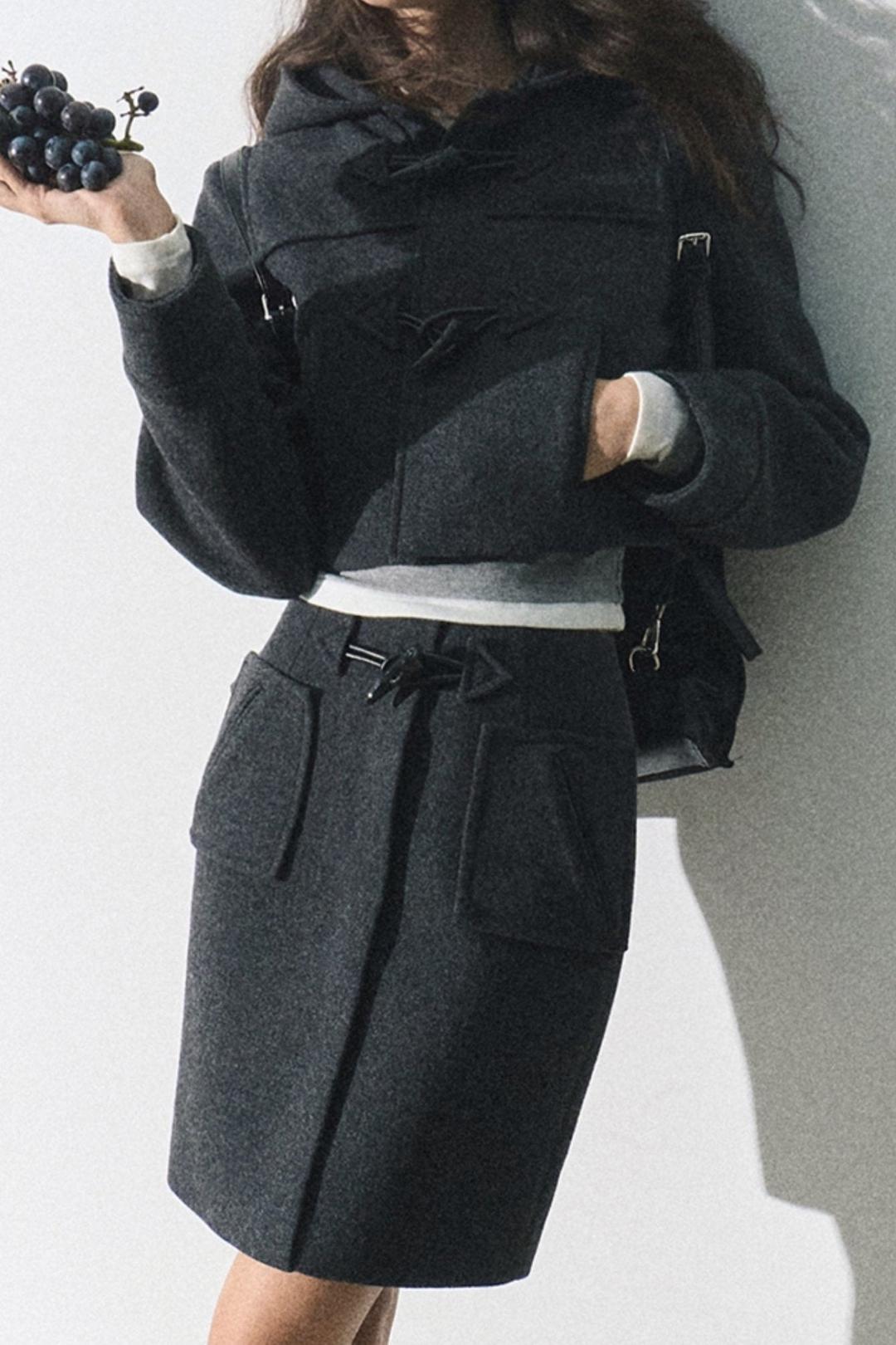 대학 혼 버튼 코트 세트  - 회색 스커트 / S