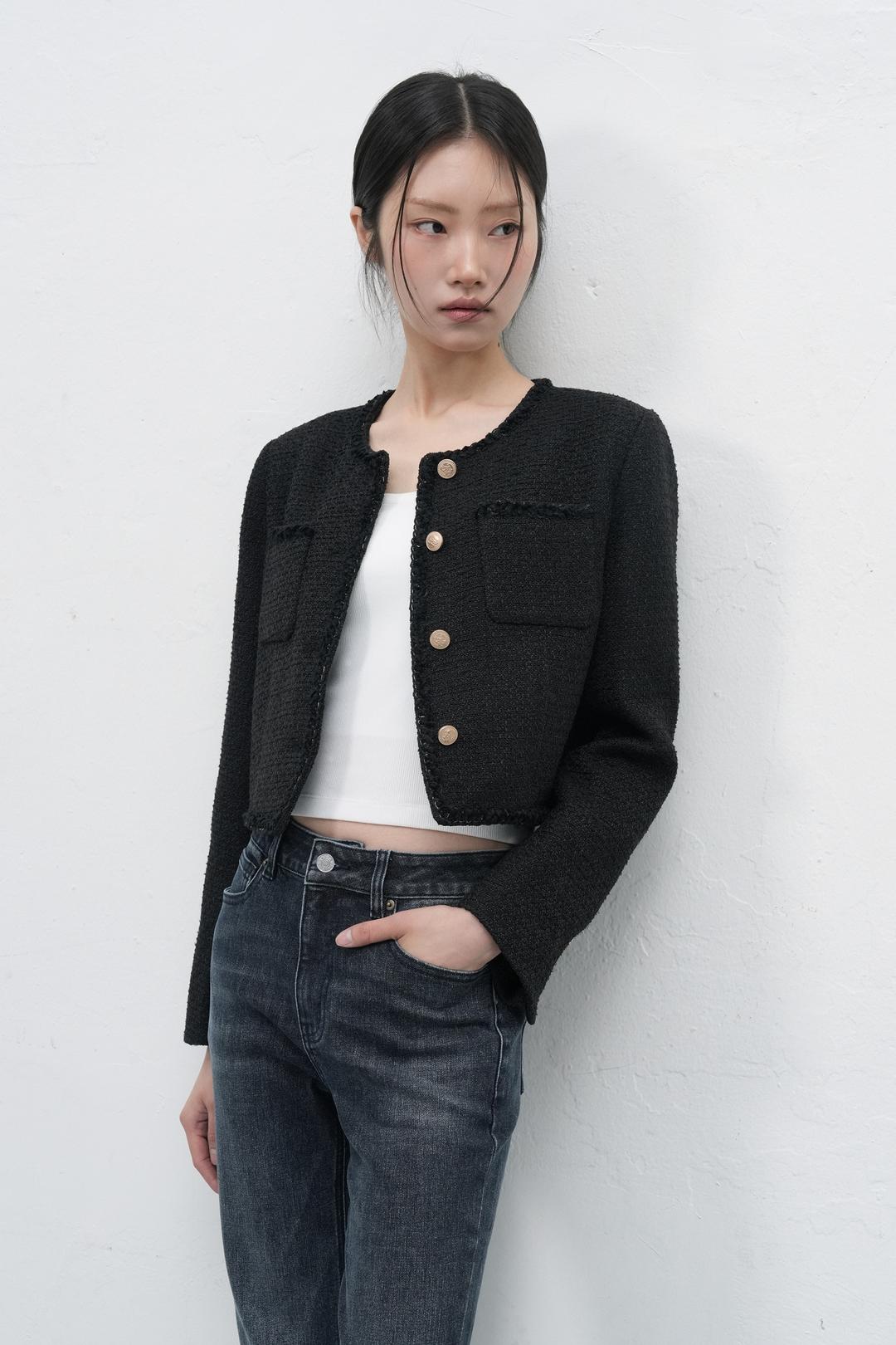 WOMAN 트리밍 크롭 트위드 자켓 [BLACK]
