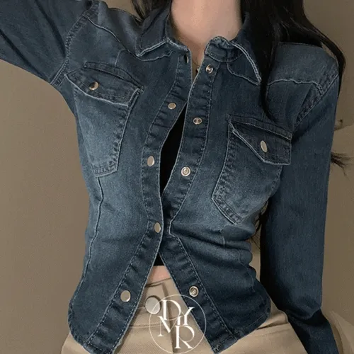 [💕핏보장💕/슬림핏] 워싱 스판 슬림 긴팔 크롭 데님 셔츠 블라우스 청자켓