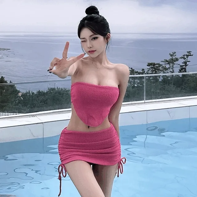 [인기폭발/쓰리피스] 테리 튜브탑 골반 셔링 비키니